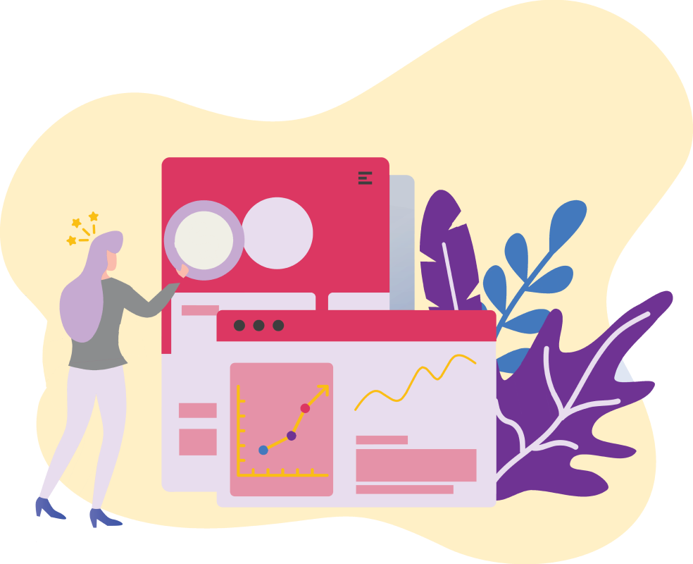 A cartoon style woman is working on a large dashboard of analytics reports