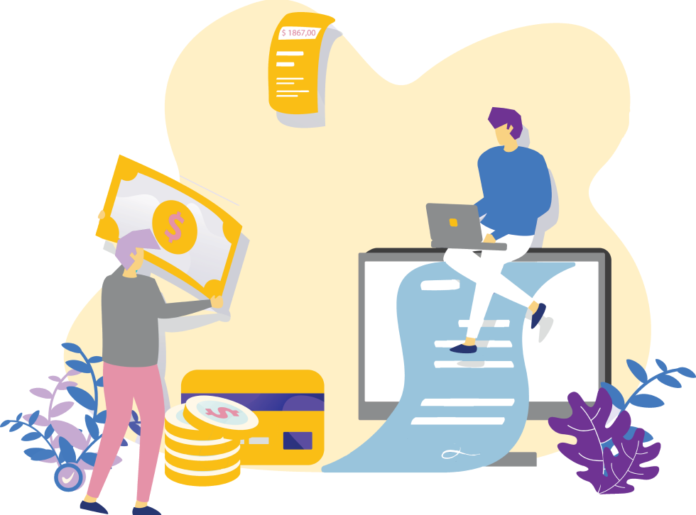 Cartoon style design of two workers one is struggling with an over sized bank note while the other is on their laptop managing their budget