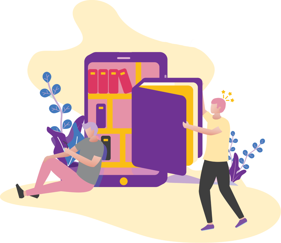 Cartoon graphics showing two people learning one with a large book and the other with a mobile phone to represent personalized learning