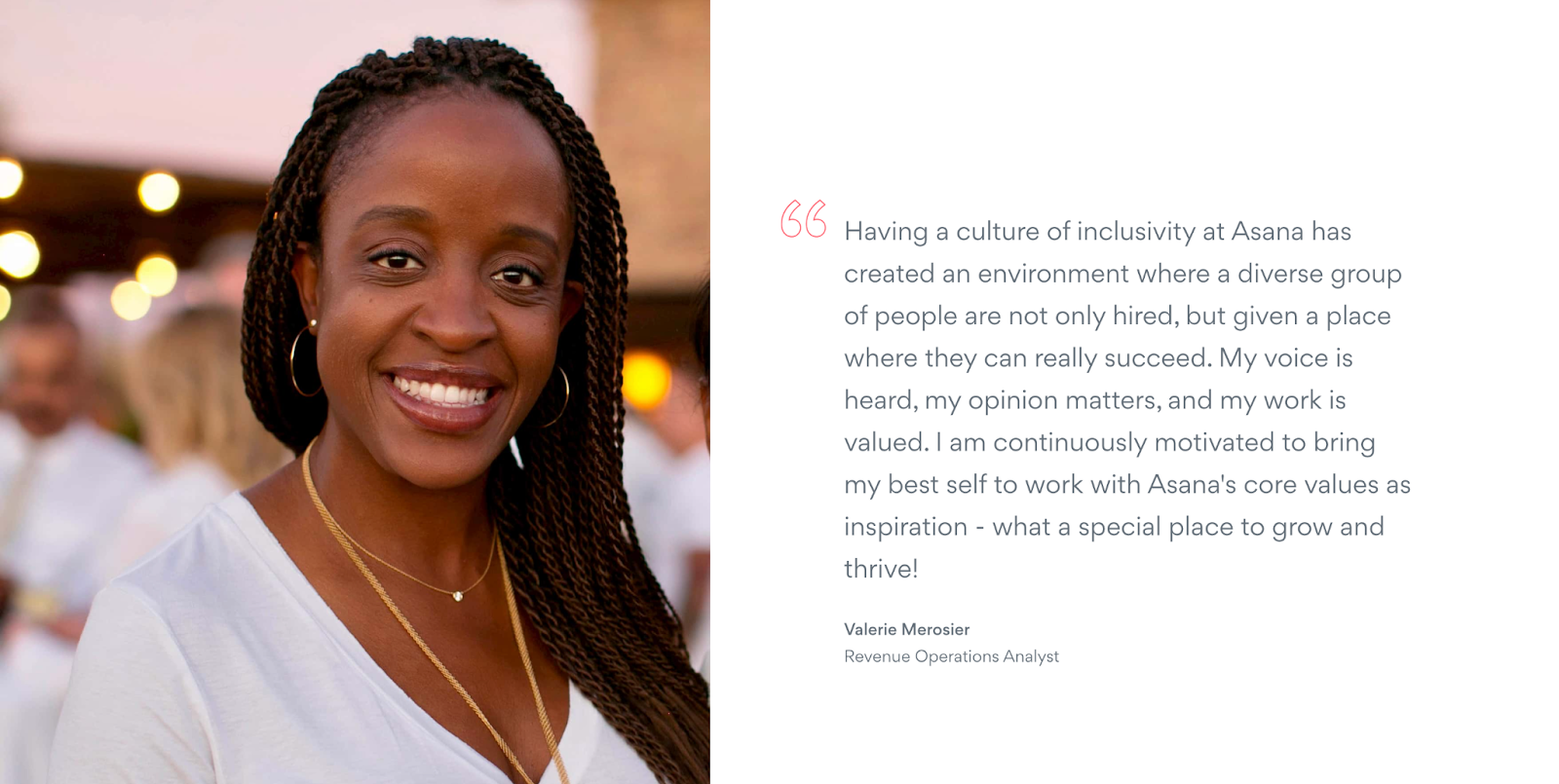 Headshot of an employee with a quote describing the inclusive working environment at Asana