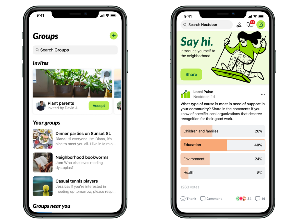 Nextdoor app on iOS showing local groups and community causes